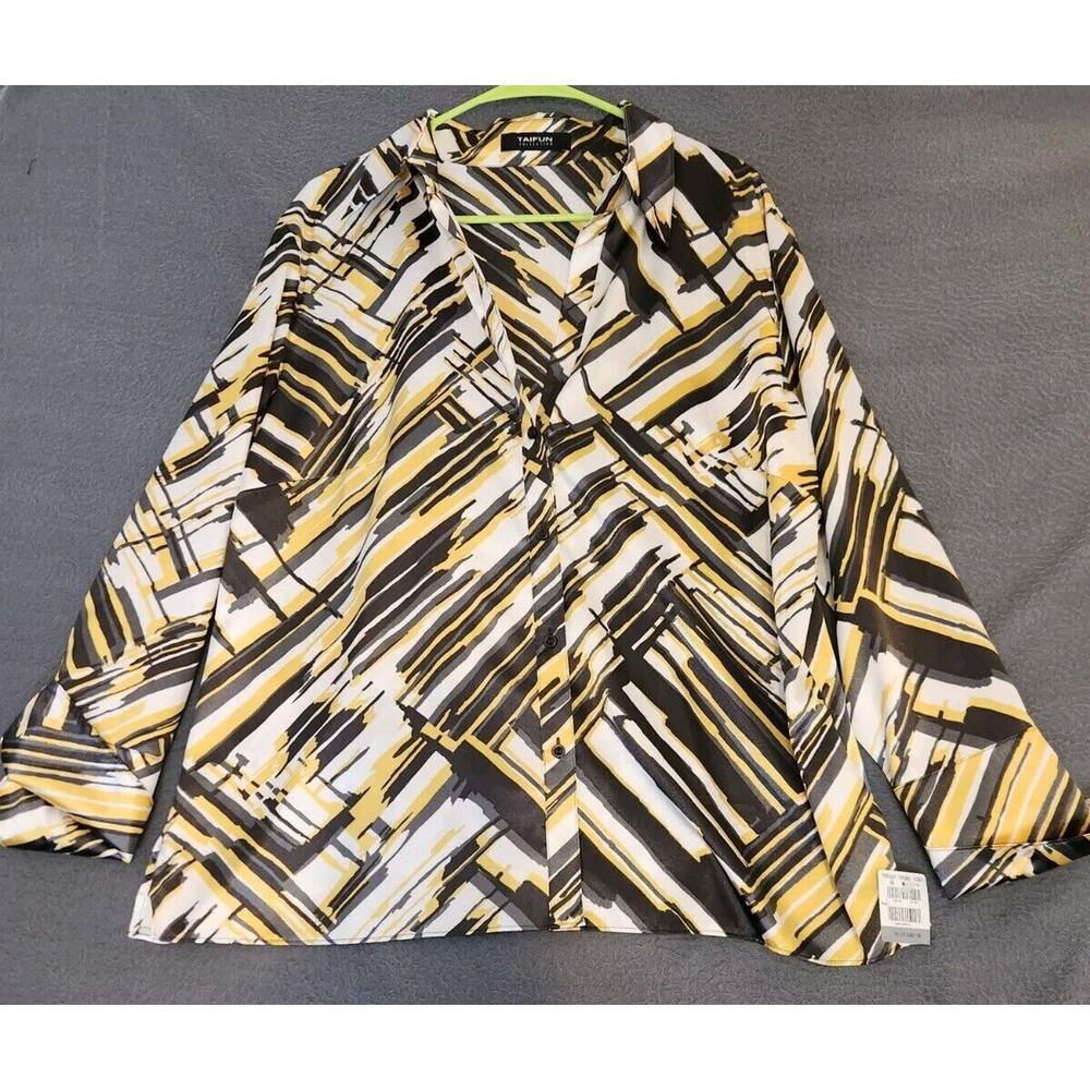 Taifun Women's Shirt US 16 Multi Art Wear Long‎ Sleeve Collared Basic Blouse NWT